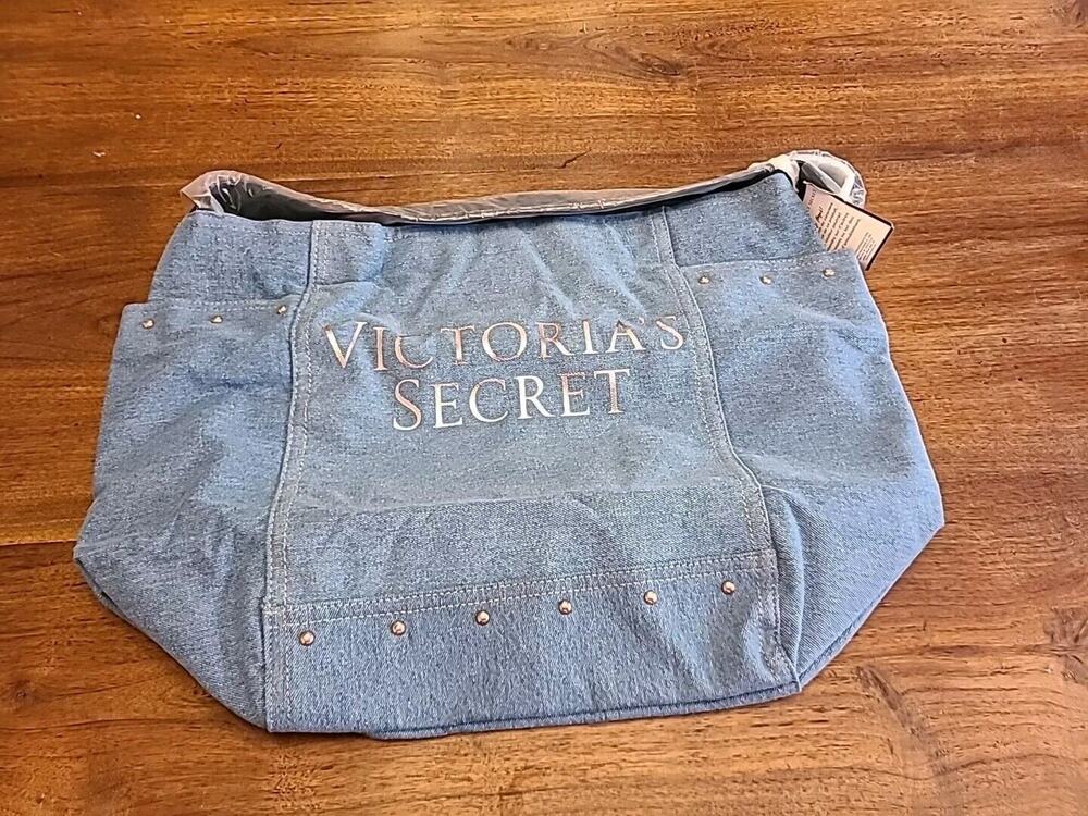 New Victorias Secret Denim Rose Gold Studded Large Tote Bag Beach Bag Carry All